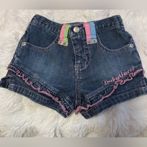 Guess Other - Baby Guess Denim Shorts 6-9M Ruffle Trim Heart Pockets Pink Stitch